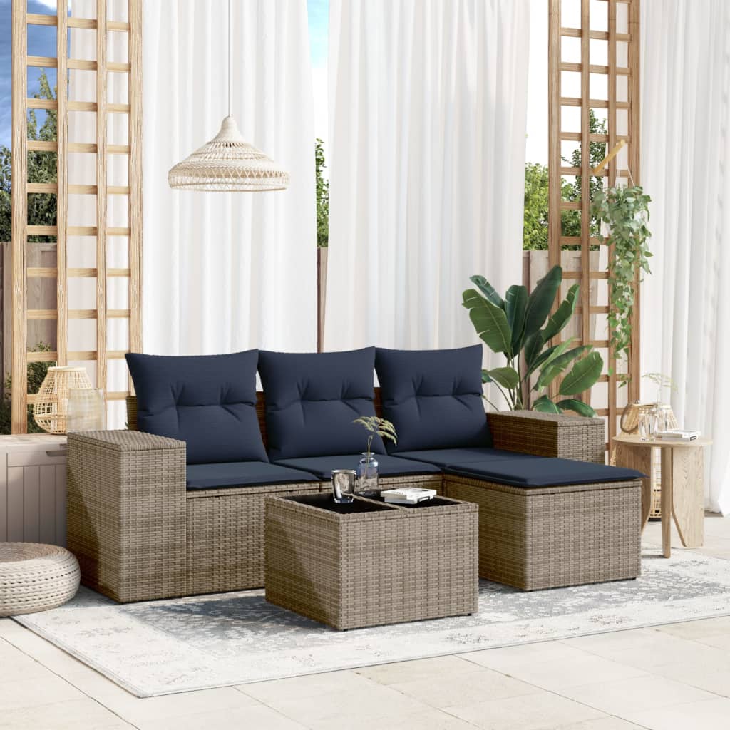 Conjunto de sofá de jardim de 5 peças com almofadas em rattan sintético cinza