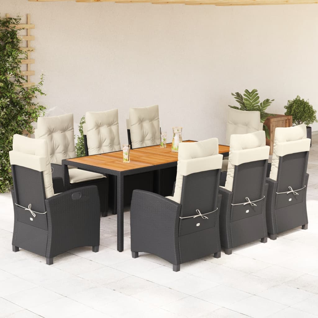 9 Pcs conjunto de jantar p/ jardim c/ almofadões vime PE preto