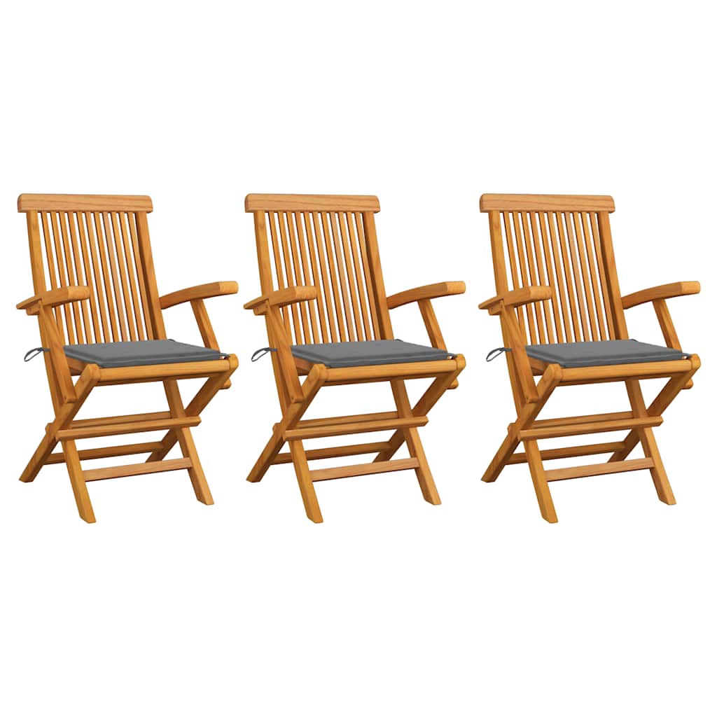 Cadeiras de jardim c/ almofadões cinzentos 3 pcs teca maciça