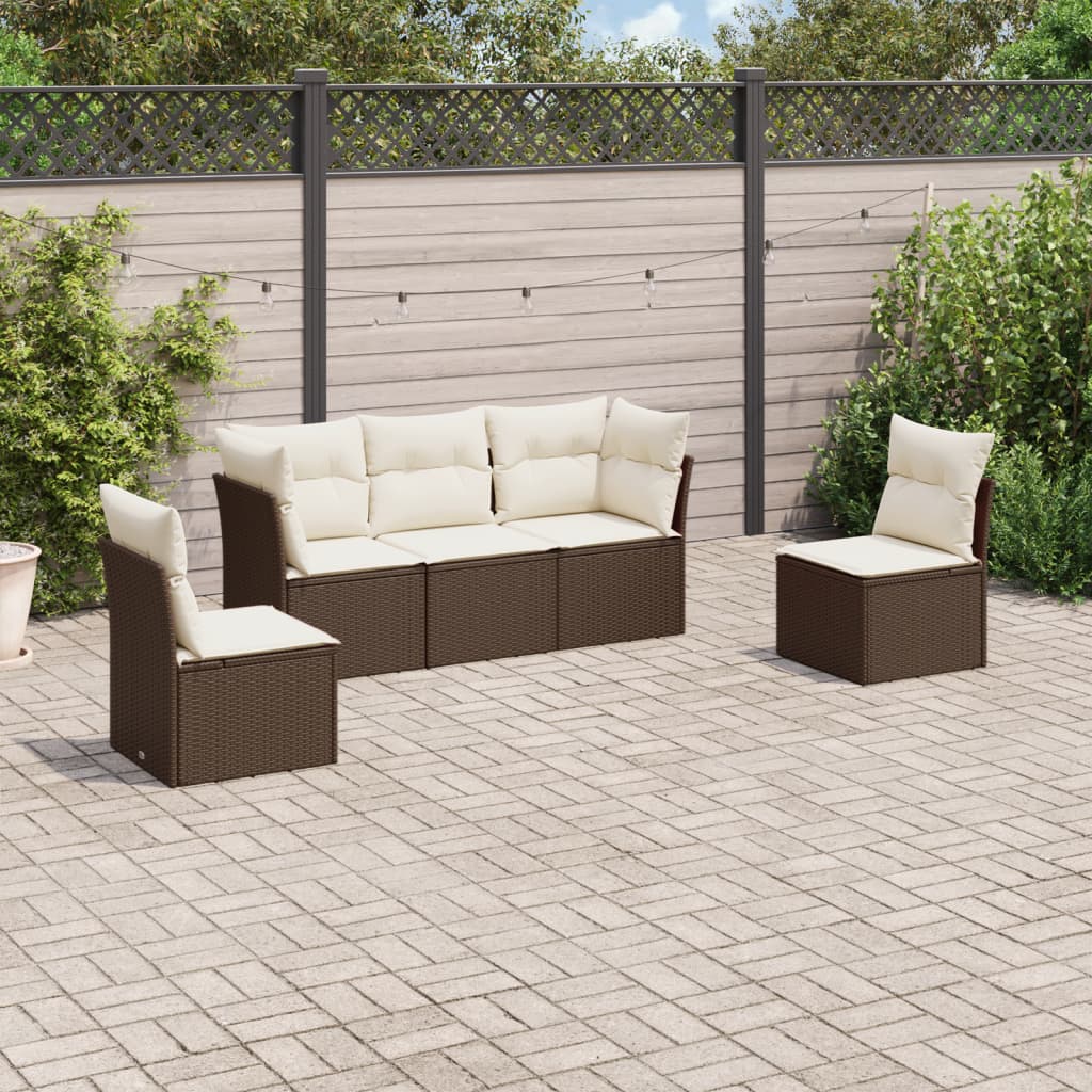 5 Pcs conjunto sofás p/ jardim c/ almofadões vime PE castanho