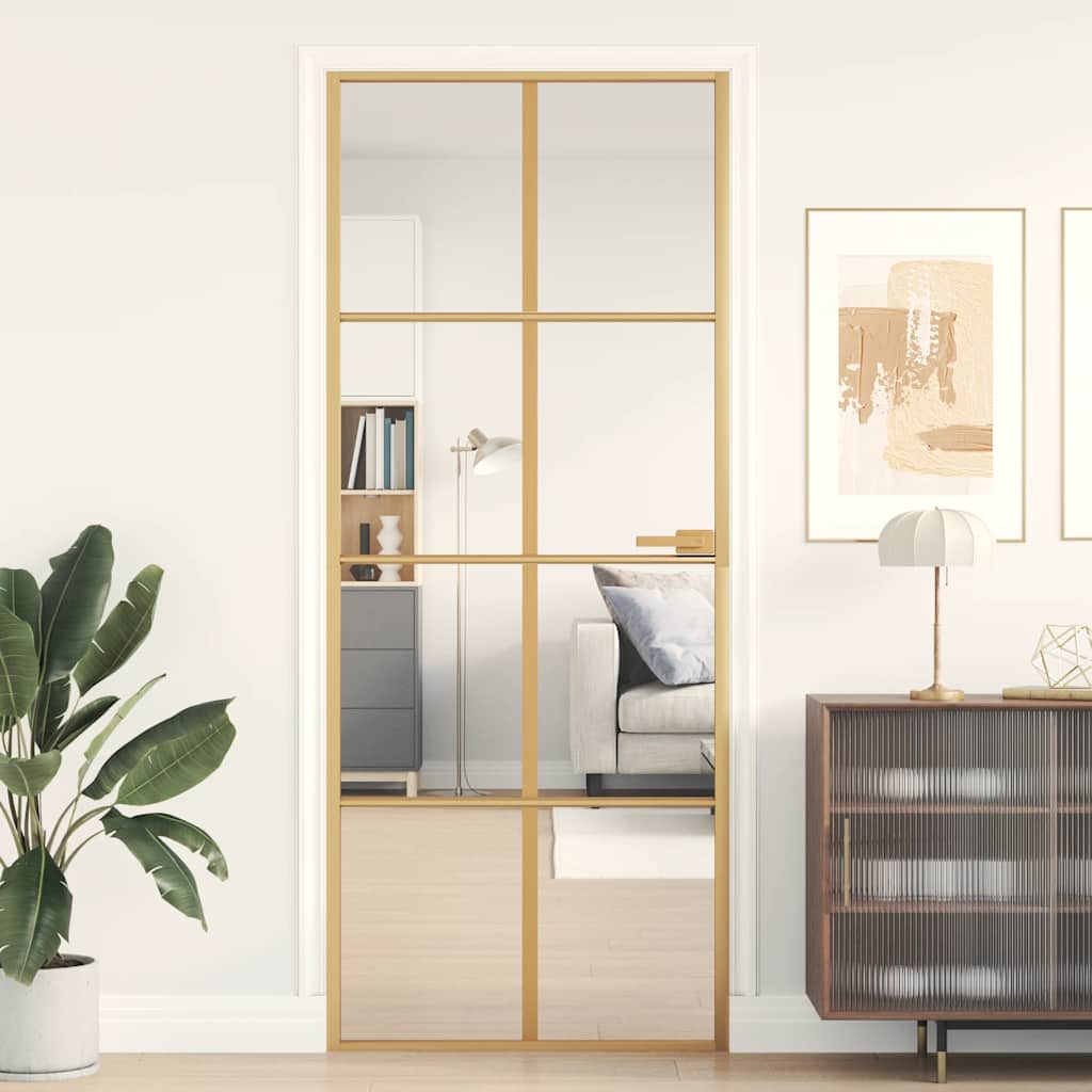 Porta interior 83x201,5 cm vidro temperado e alumínio dourado