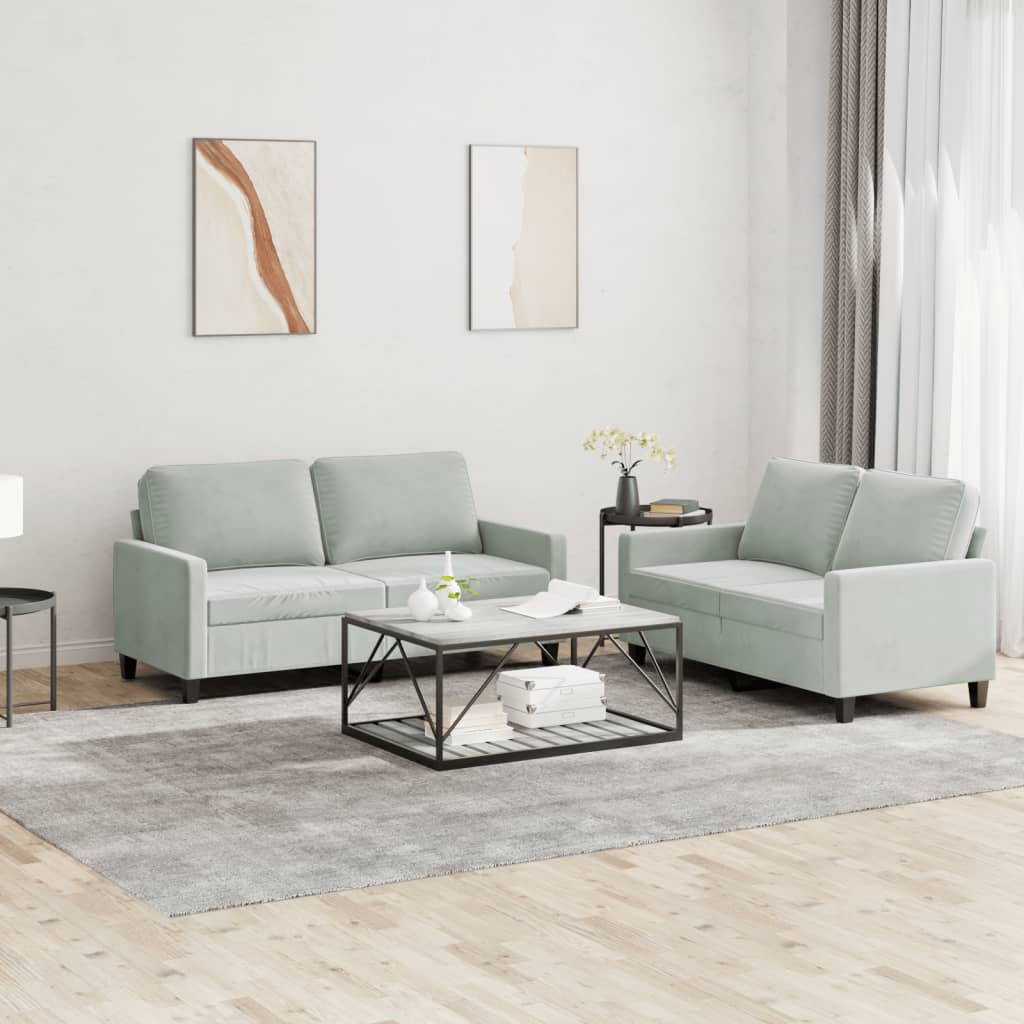 2 Pcs conjunto de sofás com almofadões veludo cinzento-claro