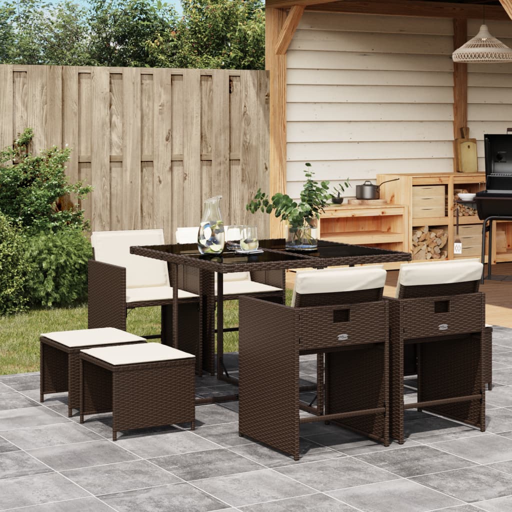 9 Pcs conjunto jantar p/ jardim c/ almofadões vime PE castanho