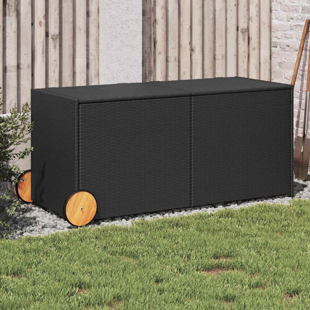 Caixa de arrumação para jardim com rodas 283l vime PE preto