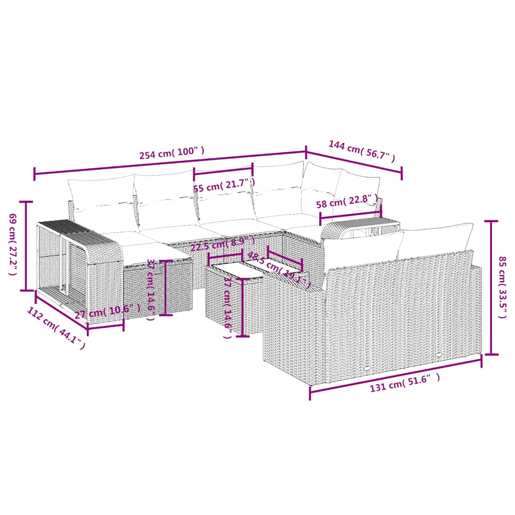 11 Pcs conjunto sofás de jardim c/ almofadões vime PE preto