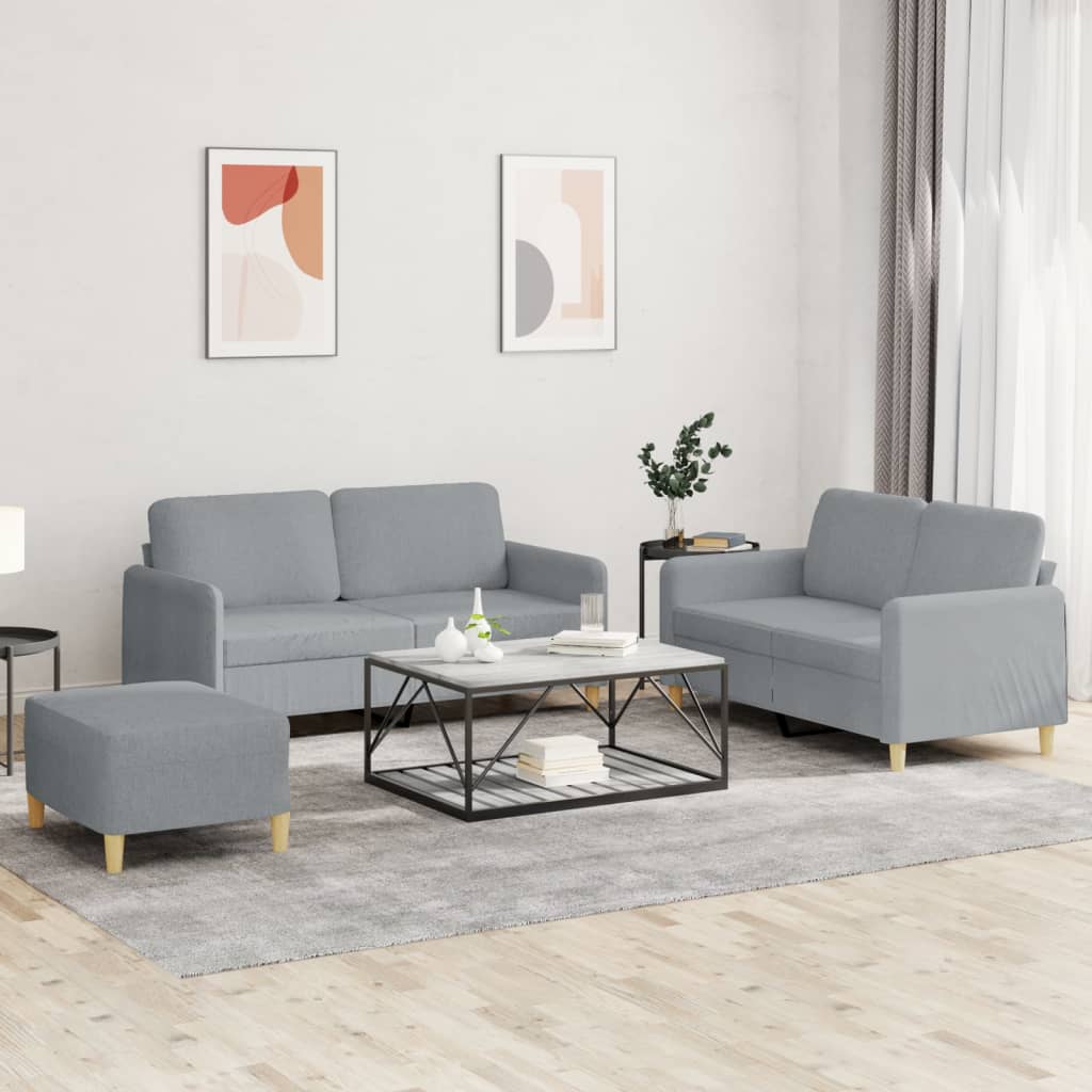 3 Pcs conjunto de sofás com almofadões tecido cinzento-claro