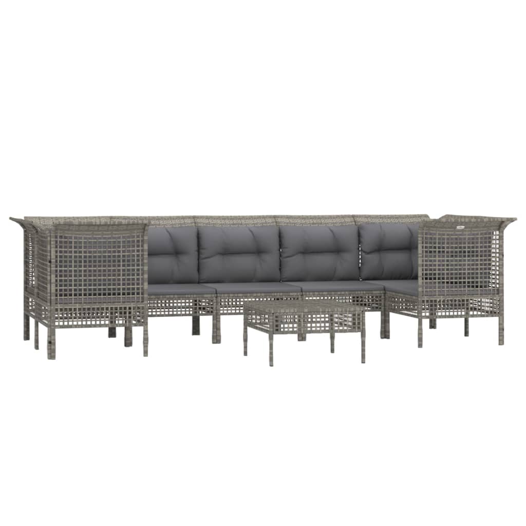 8 Pcs conjunto lounge de jardim c/ almofadões vime PE cinzento