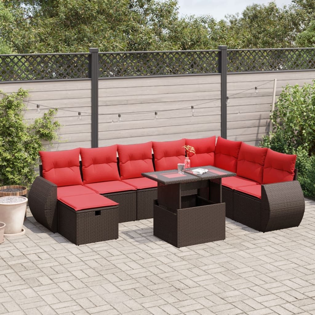 Conjunto de sofá de jardim com 9 peças e almofadas em rattan sintético marrom