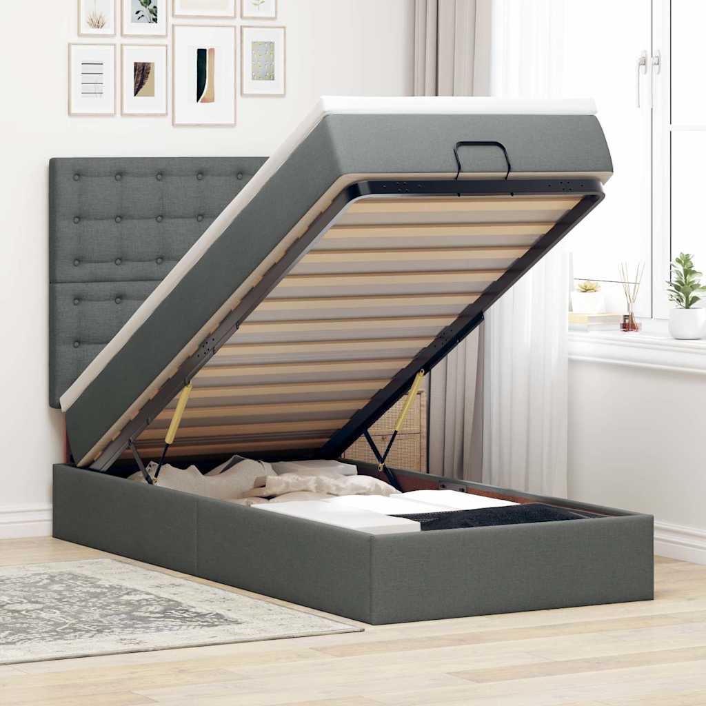 Estrutura cama otomana colchão 90x190 cm tecido cinzento escuro