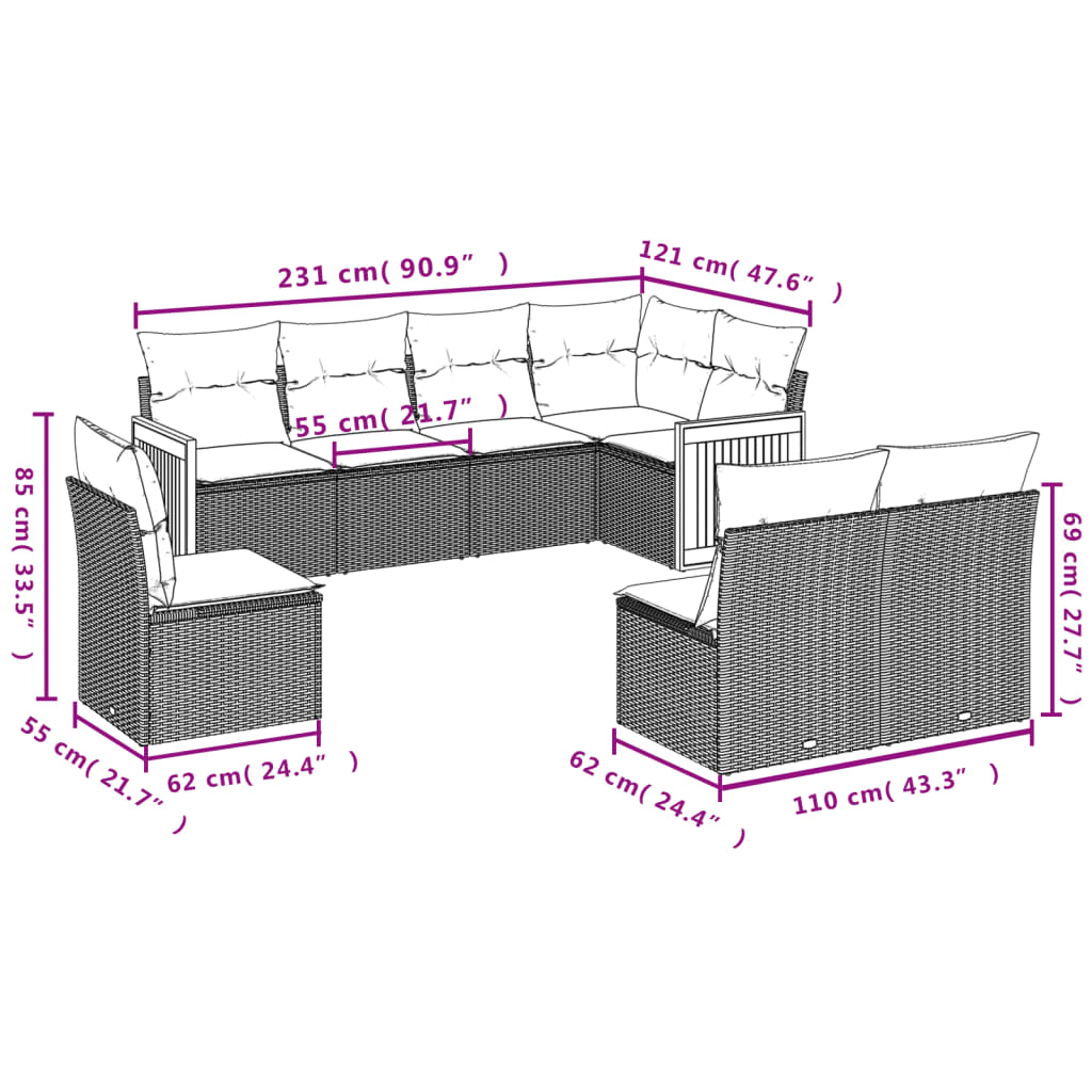 8 Pcs conjunto sofás de jardim c/ almofadões vime PE cinzento