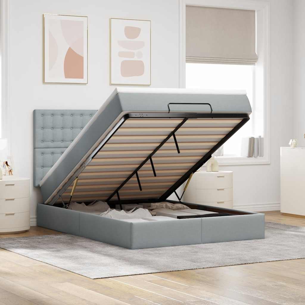 Estrutura cama otomana colchão 140x200cm tecido cinzento claro
