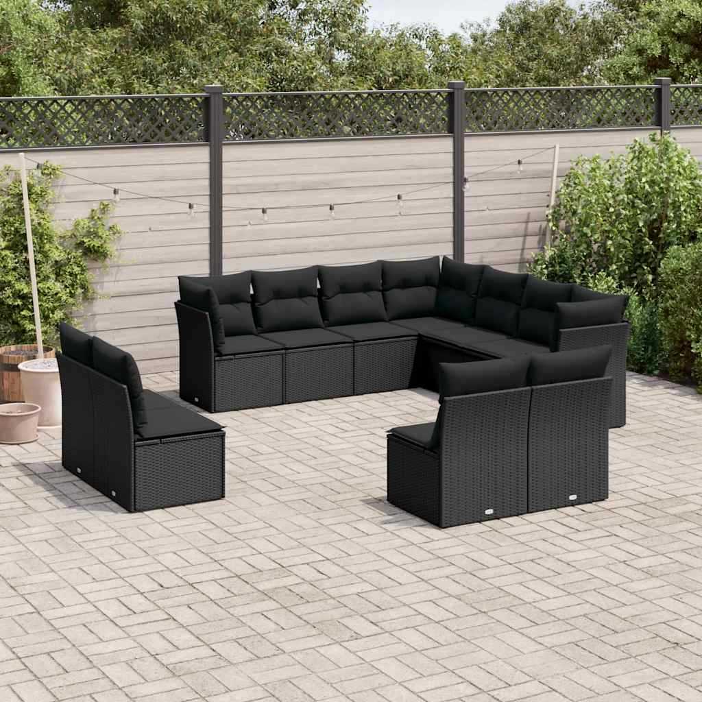 11 Pcs conjunto sofás de jardim c/ almofadões vime PE preto