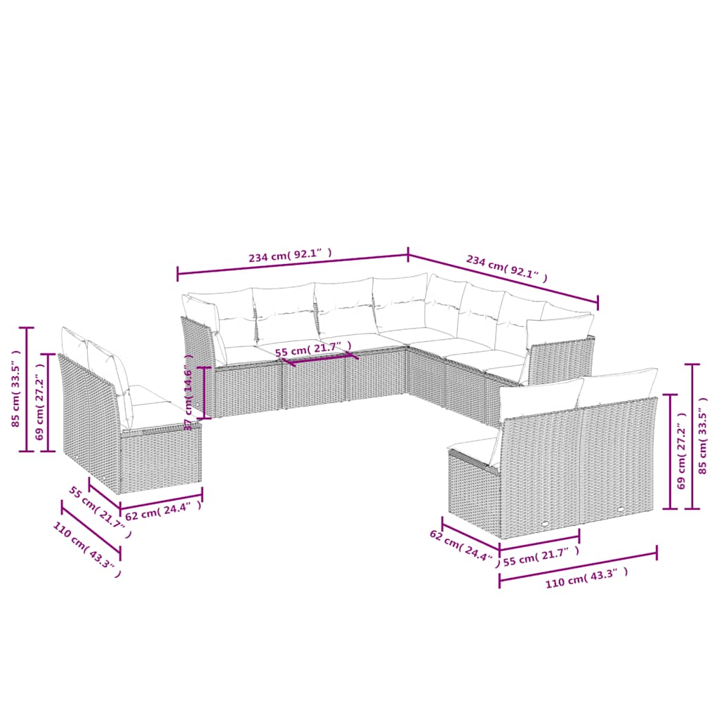 11 Pcs conjunto sofás de jardim c/ almofadões vime PE preto