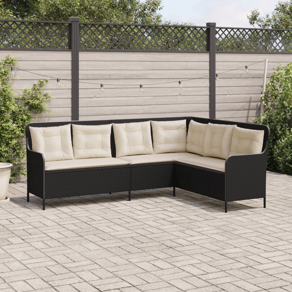 Sofá de jardim em forma de l com almofadões vime PE preto