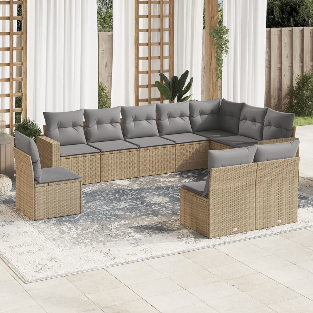 10 Pcs conjunto de sofás p/ jardim com almofadões vime PE bege