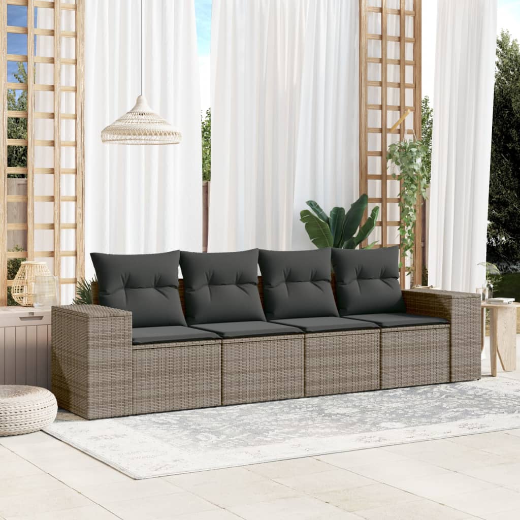 4 Pcs conjunto sofás de jardim c/ almofadões vime PE cinzento