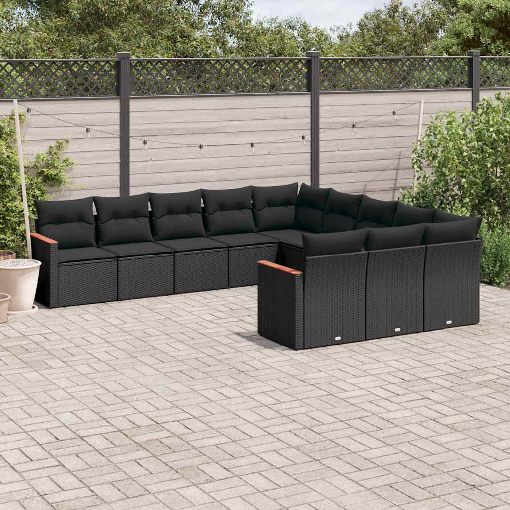11 Pcs conjunto sofás de jardim c/ almofadões vime PE preto