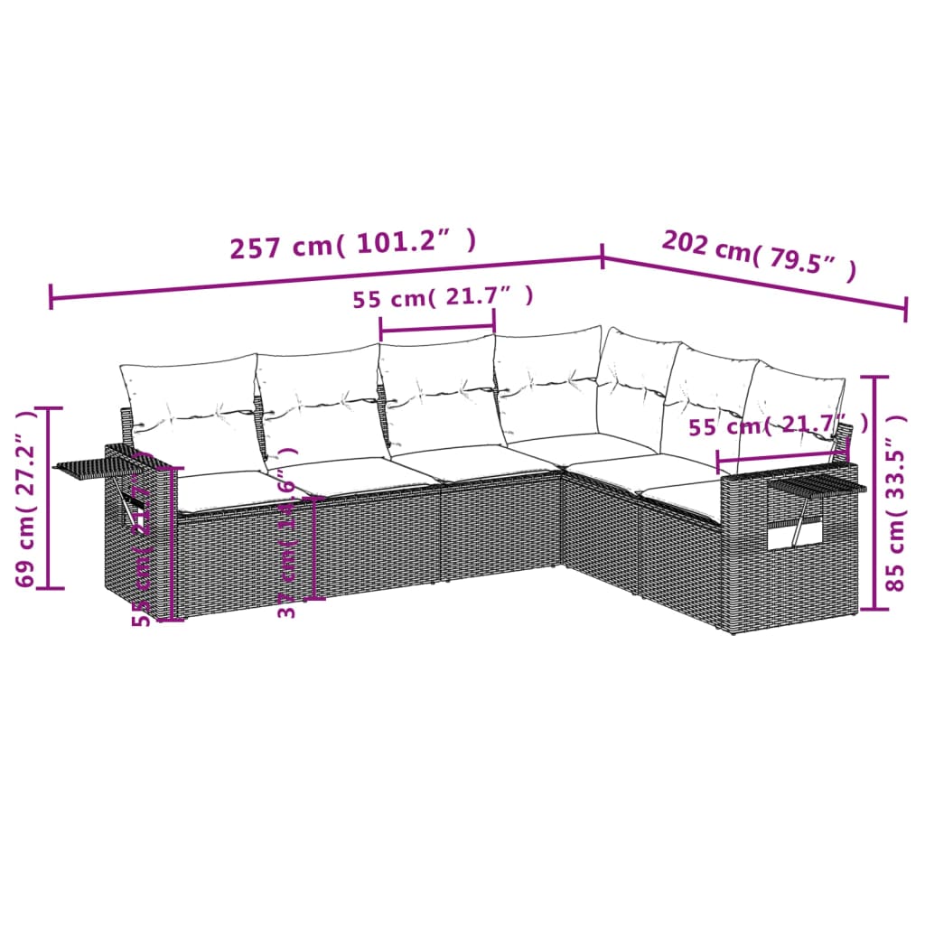 6 Pcs conj. sofás jardim com almofadões vime PE cinzento-claro