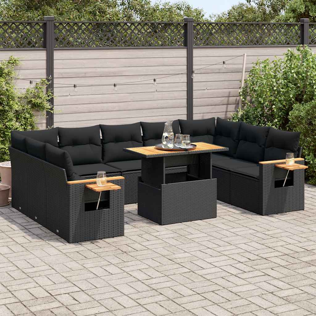 10 Pcs conjunto sofás jardim c/ almofadões vime PE/acácia preto
