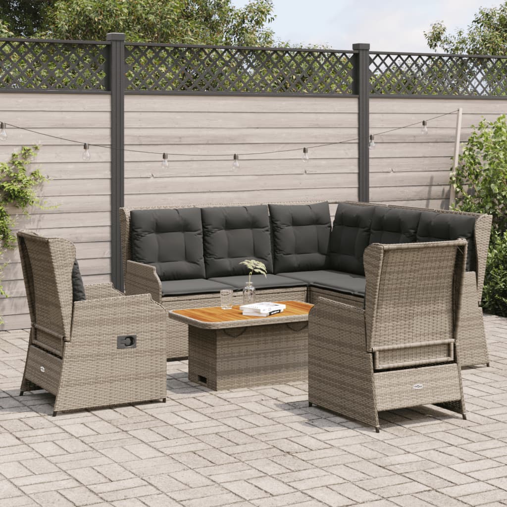 6 Pcs conjunto lounge de jardim c/ almofadões vime PE cinzento