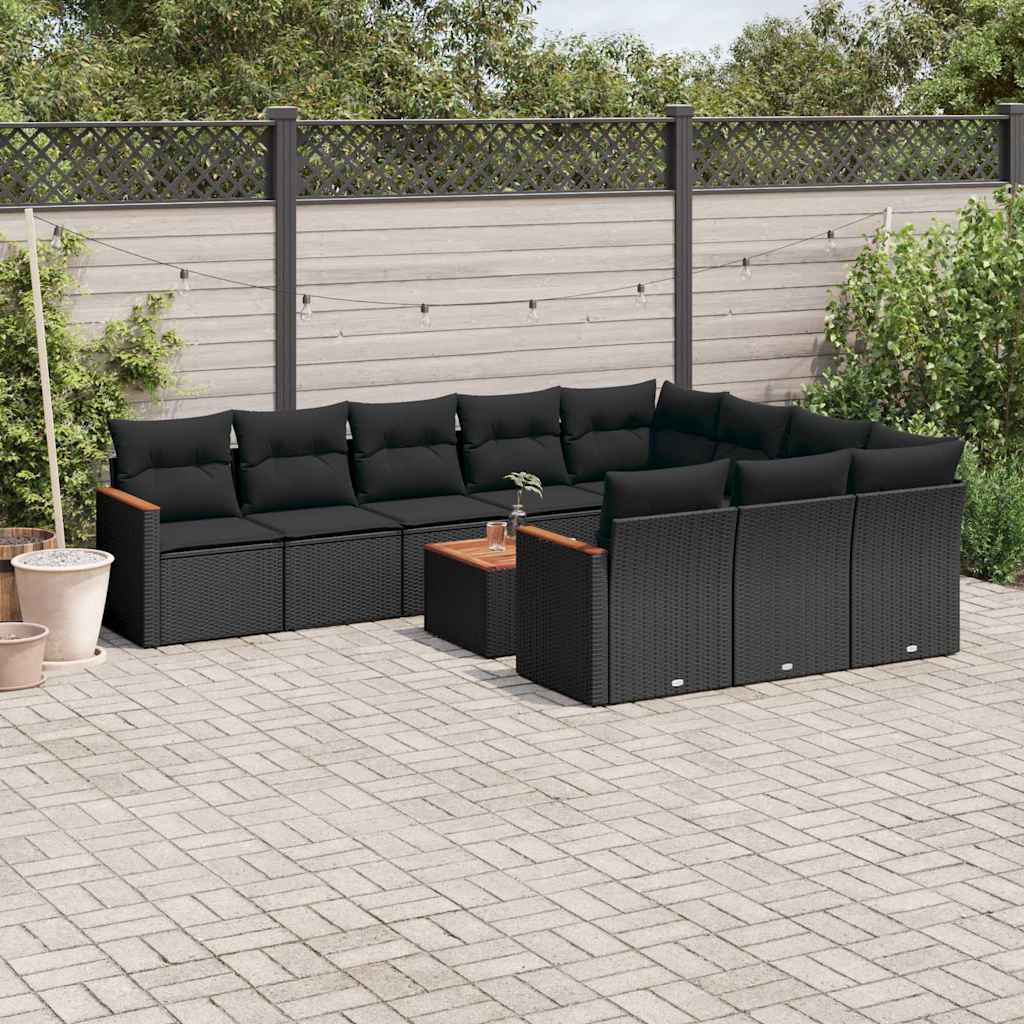11 Pcs conjunto sofás de jardim c/ almofadões vime PE preto