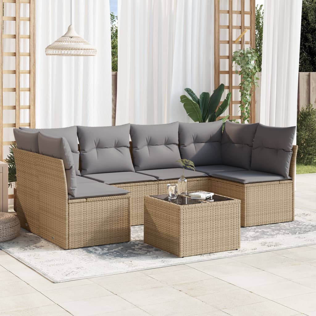 7 Pcs conjunto de sofás p/ jardim com almofadões vime PE bege