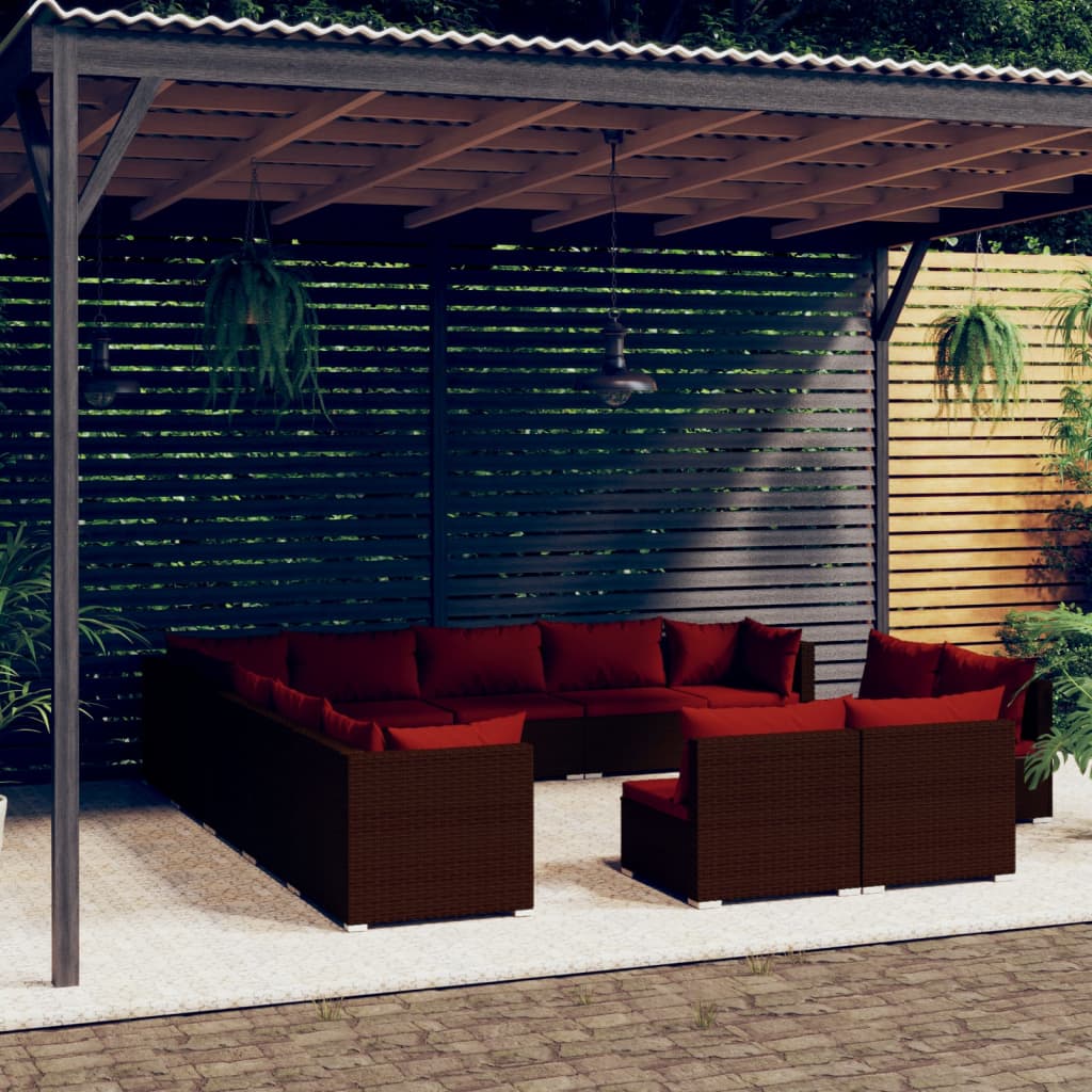 13 Pcs conjunto lounge de jardim c/ almofadões vime PE castanho