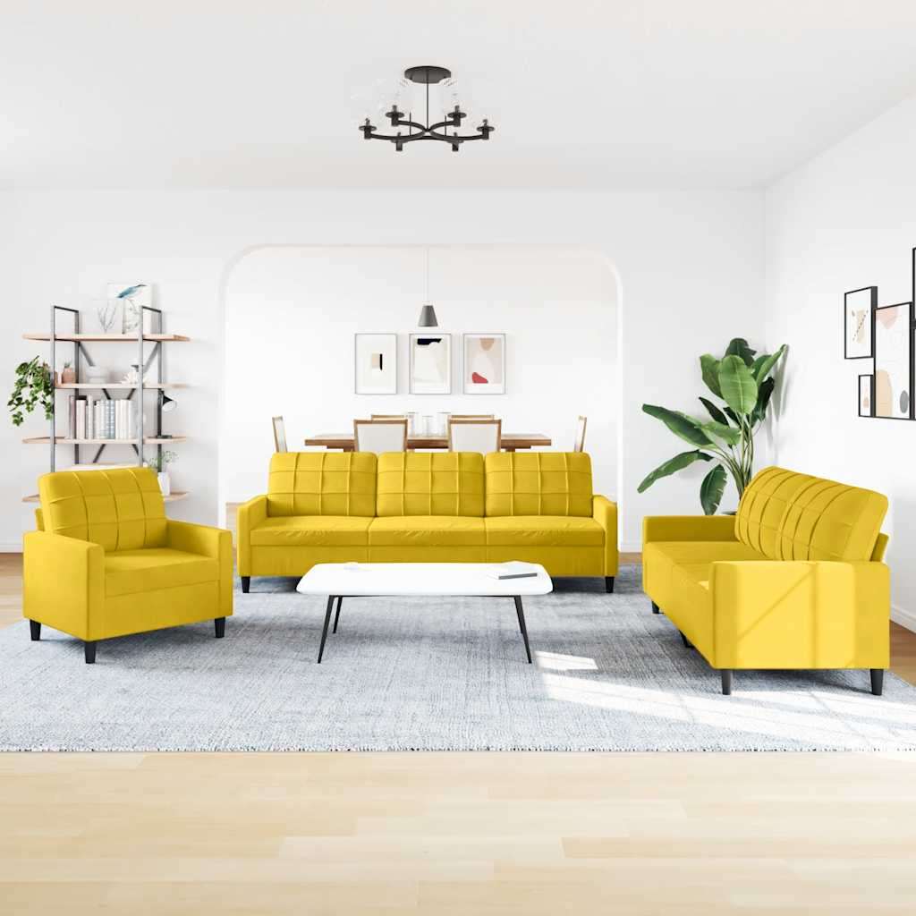 3 Pcs conjunto de sofás com almofadões veludo amarelo