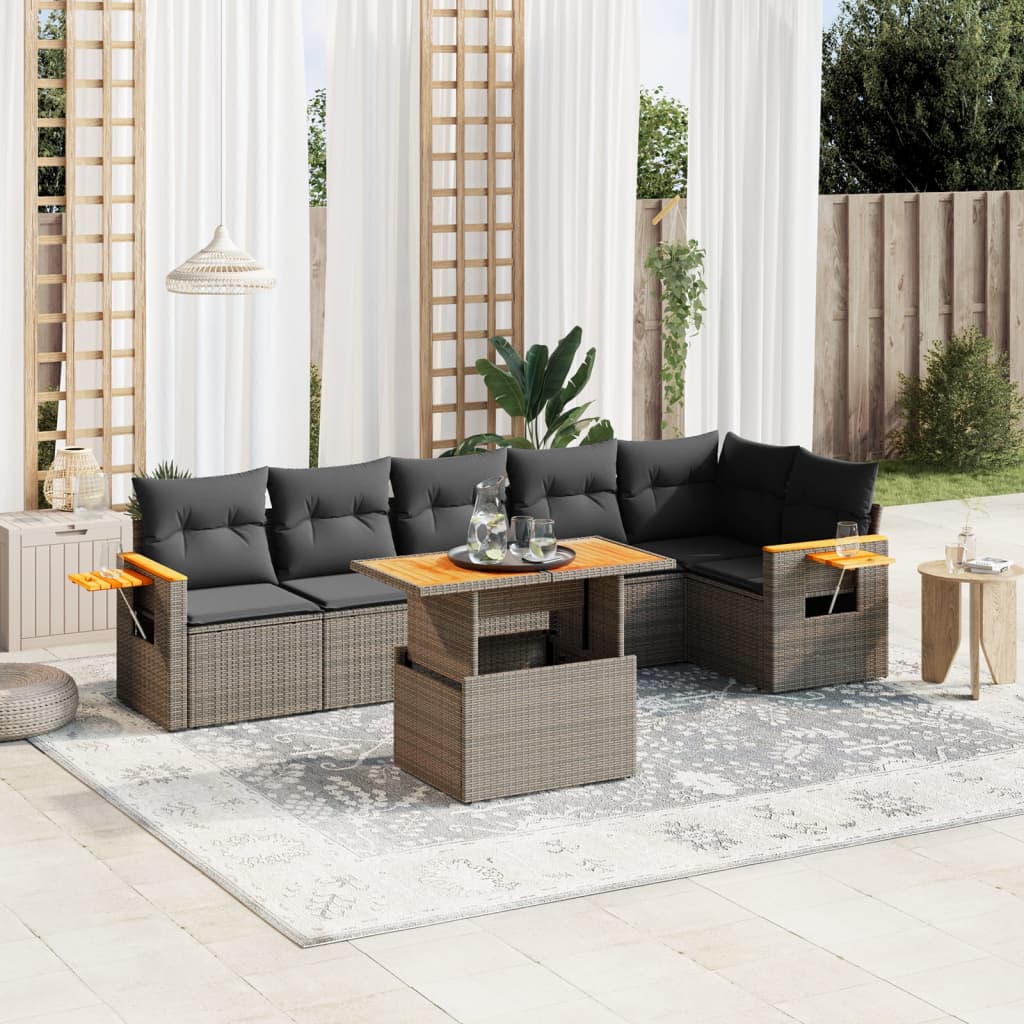 7 Pcs conjunto sofás p/ jardim c/ almofadões vime PE cinzento