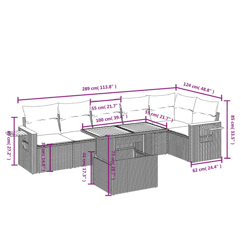 7 Pcs conjunto sofás p/ jardim c/ almofadões vime PE cinzento