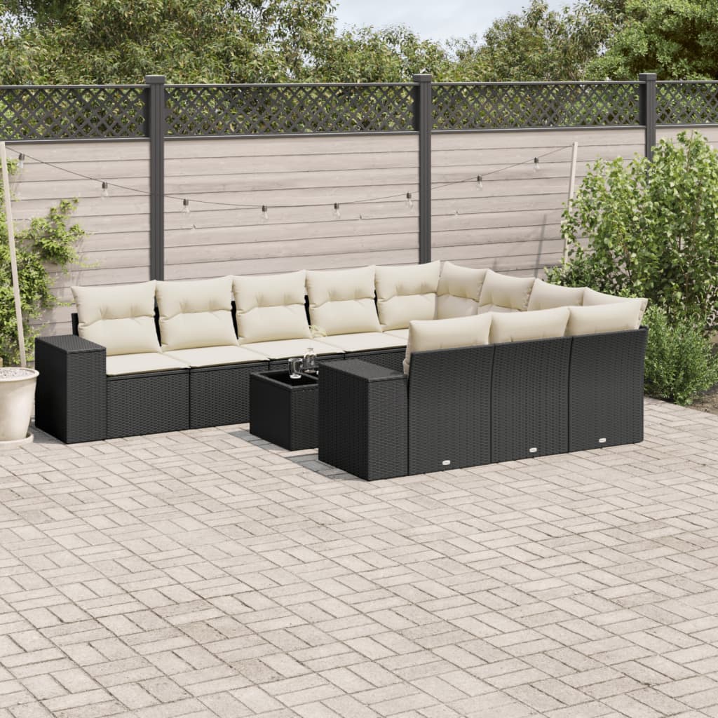 11 Pcs conjunto sofás de jardim c/ almofadões vime PE preto
