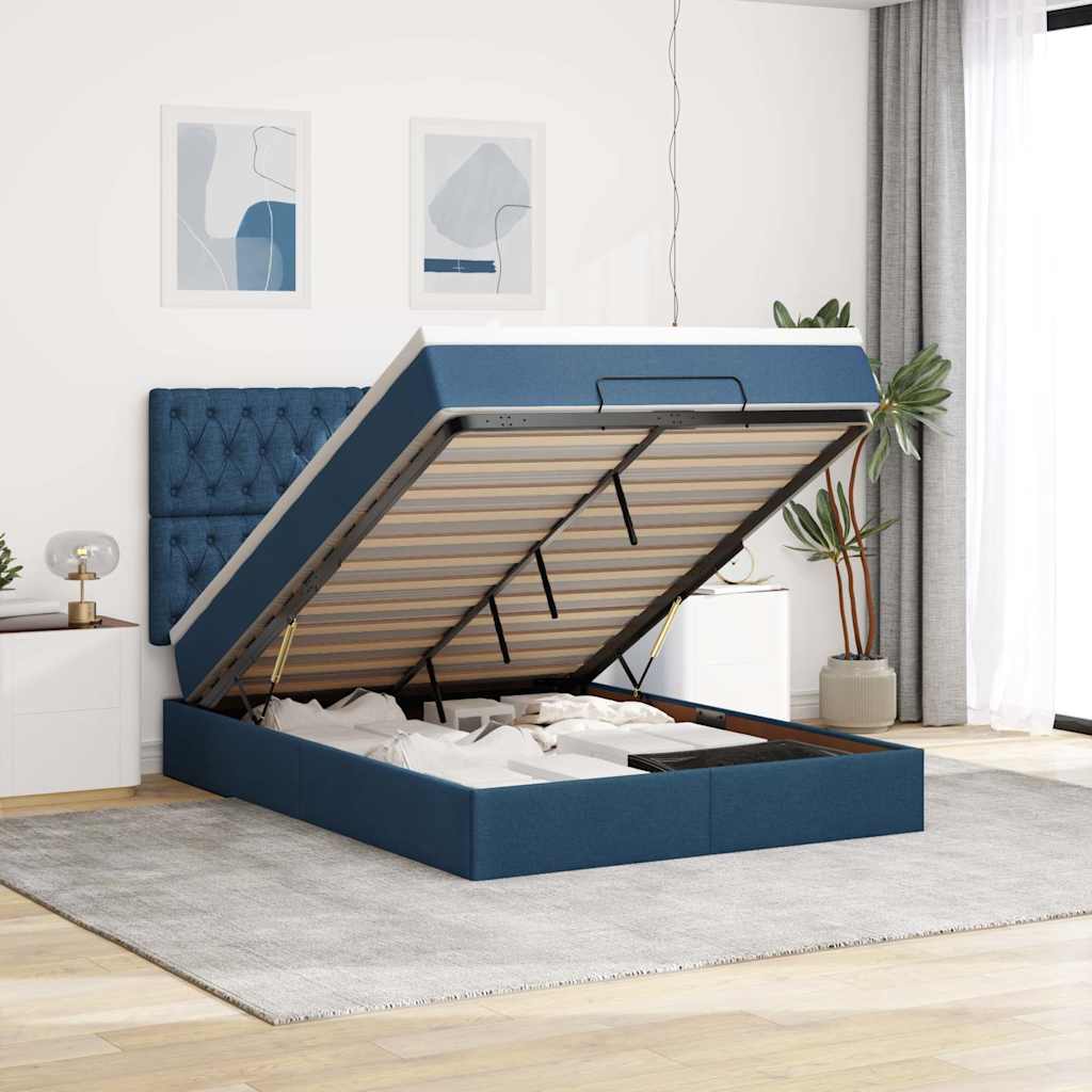 Estrutura de cama otomana com colchão 140x190cm tecido azul