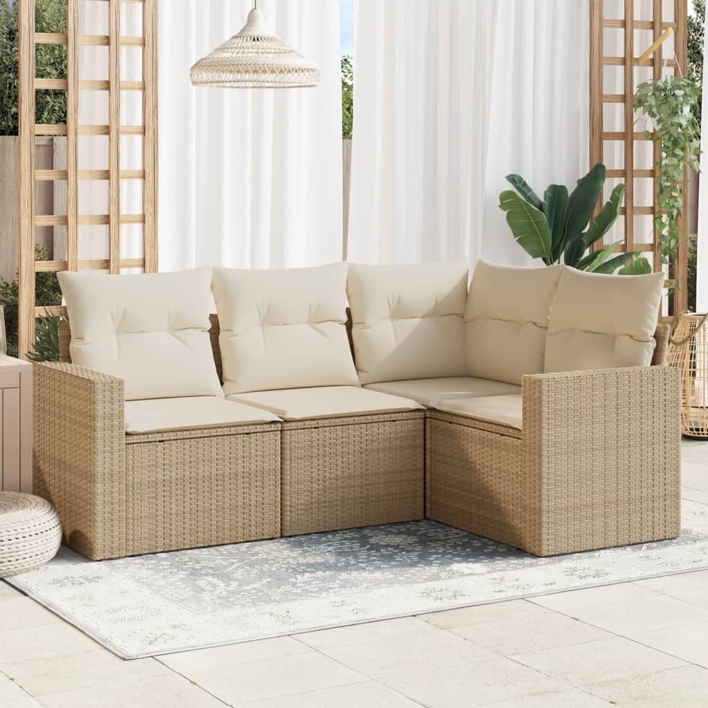 4 Pcs conjunto de sofás para jardim c/ almofadões vime PE bege