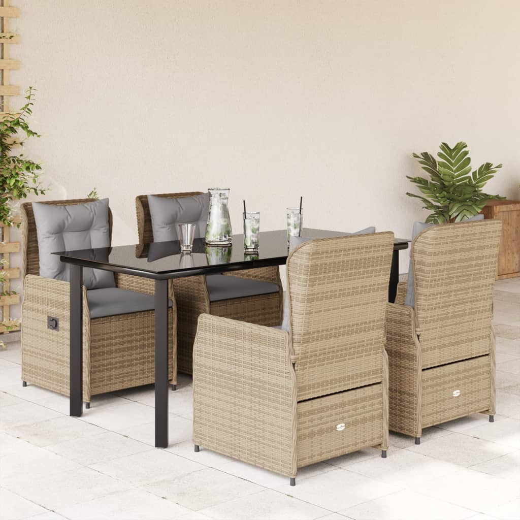5 Pcs conjunto de jantar p/ jardim com almofadões vime PE bege