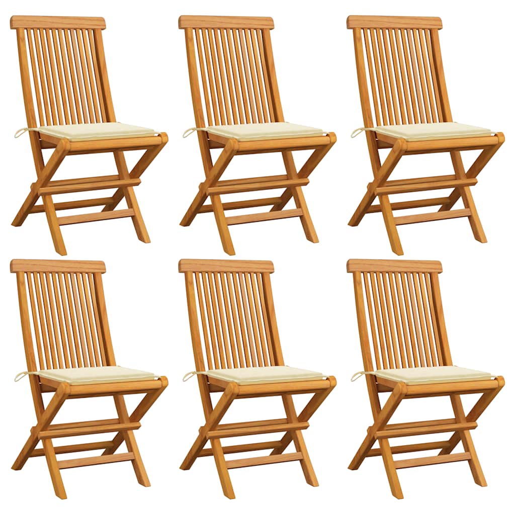 Cadeiras de jardim c/ almofadões creme 6 pcs teca maciça