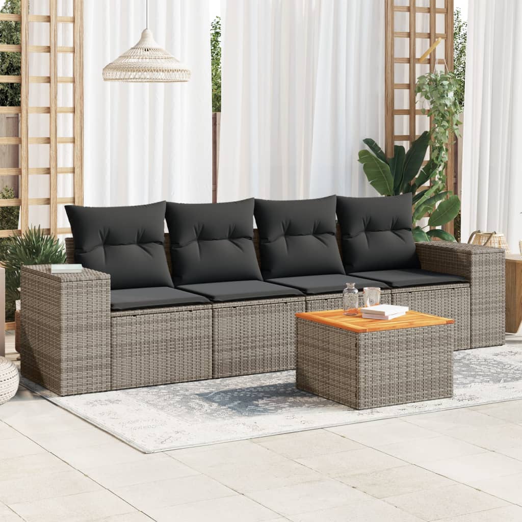 5 Pcs conjunto sofás de jardim c/ almofadões vime PE cinzento