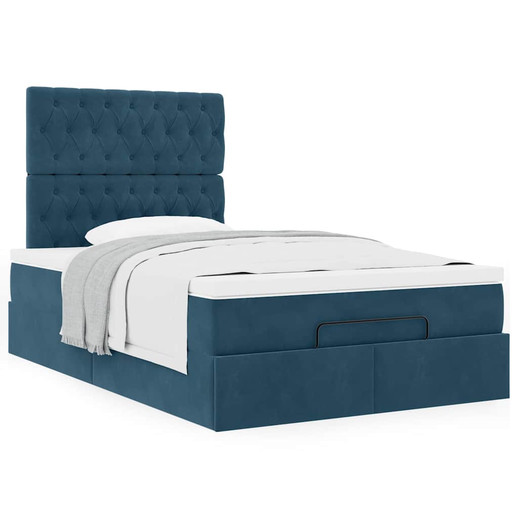 Estrutura de cama otomana com colchões azul escuro veludo