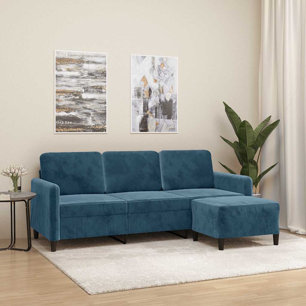 Sofá de 3 lugares com apoio de pés 180 cm veludo azul