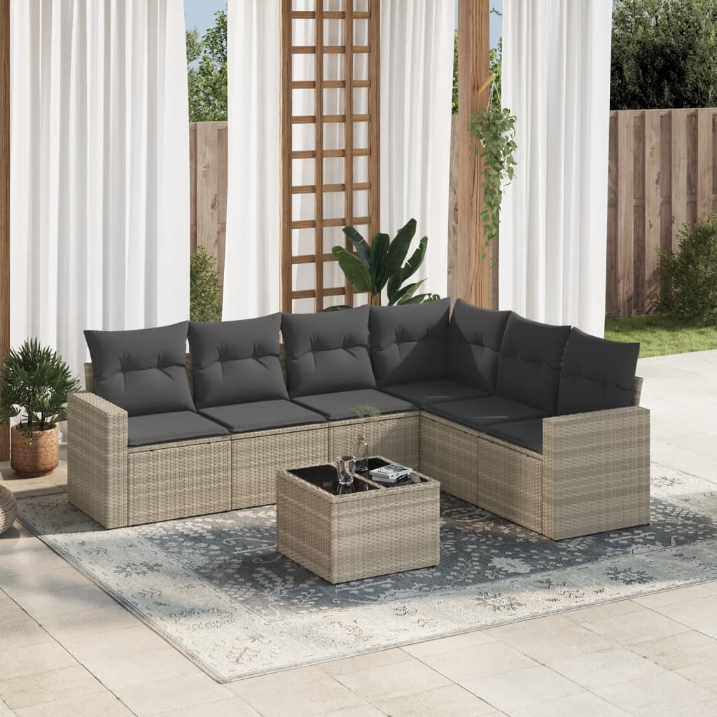 7 Pcs conj. sofás jardim com almofadões vime PE cinzento-claro