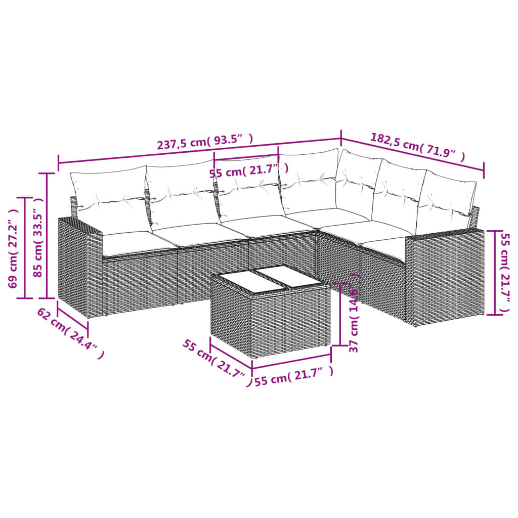 7 Pcs conj. sofás jardim com almofadões vime PE cinzento-claro
