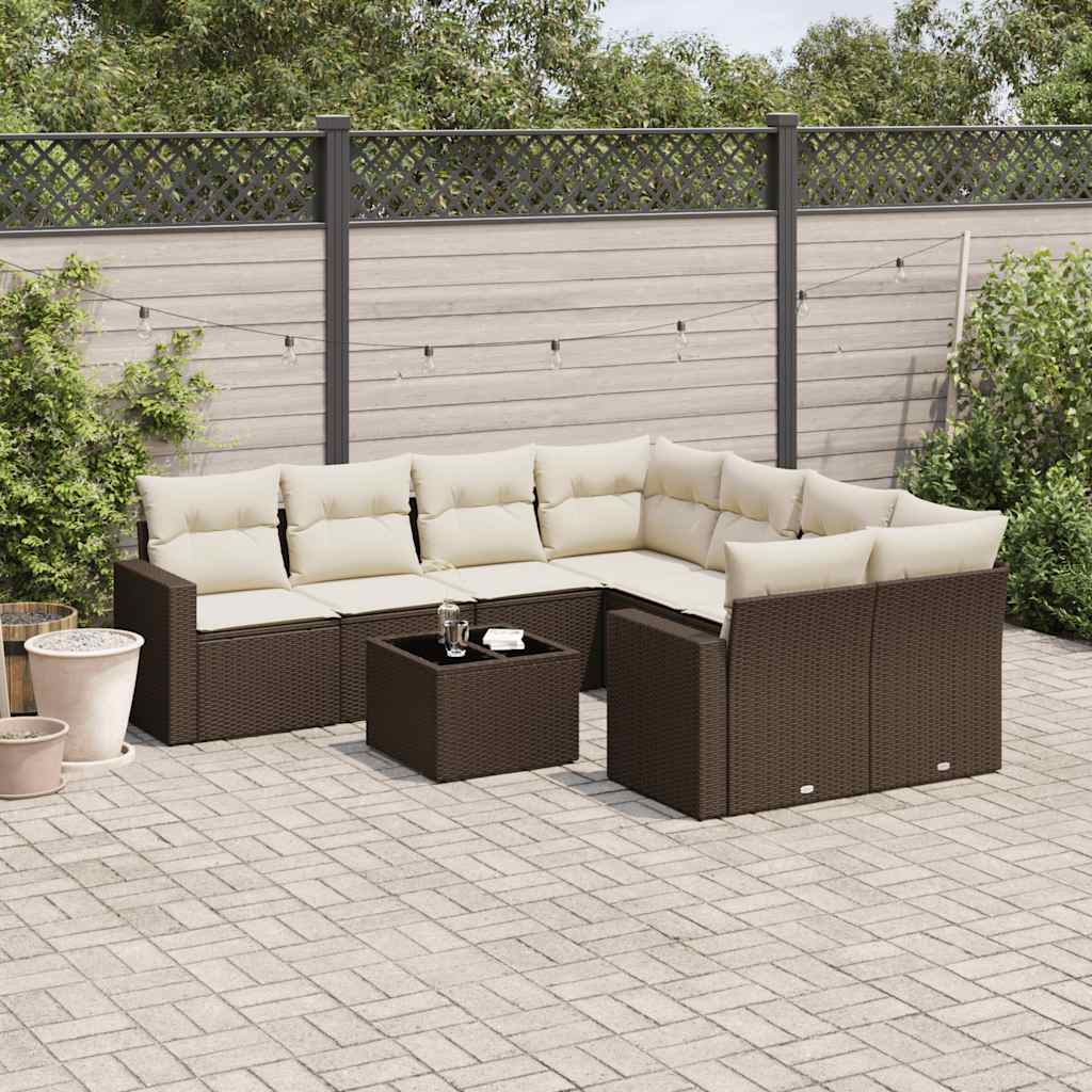 9 Pcs conjunto sofás p/ jardim c/ almofadões vime PE castanho