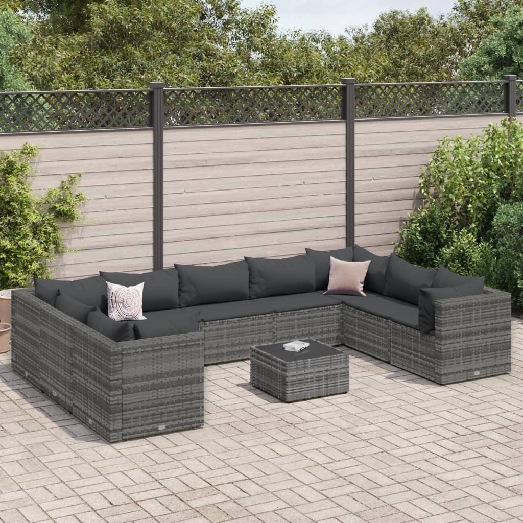 10 Pcs conjunto lounge de jardim c/ almofadões vime PE cinzento