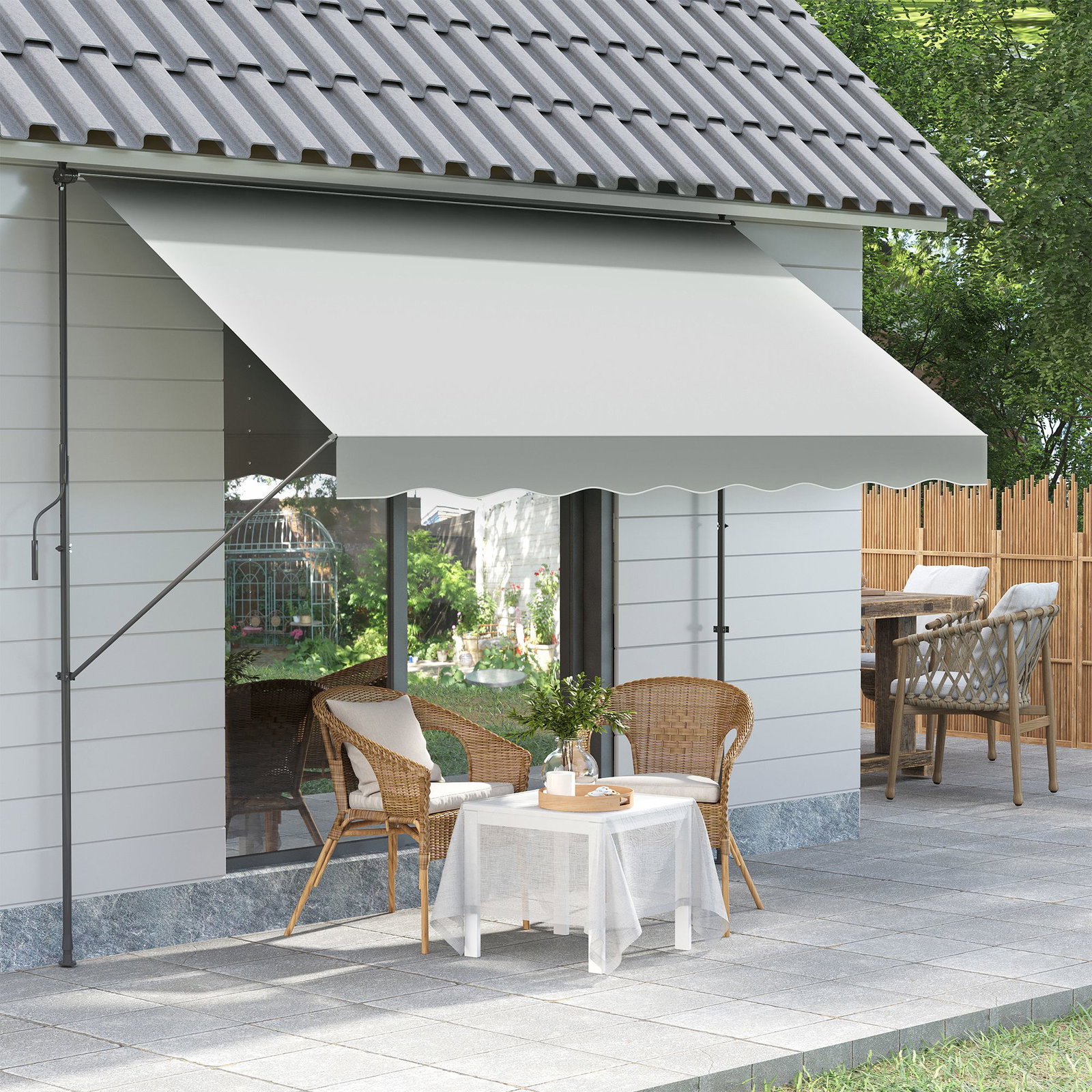 Toldo manual retrátil ajustável 300x170x200-290 cm com manivela proteção solar uv40+ para varanda jardim creme