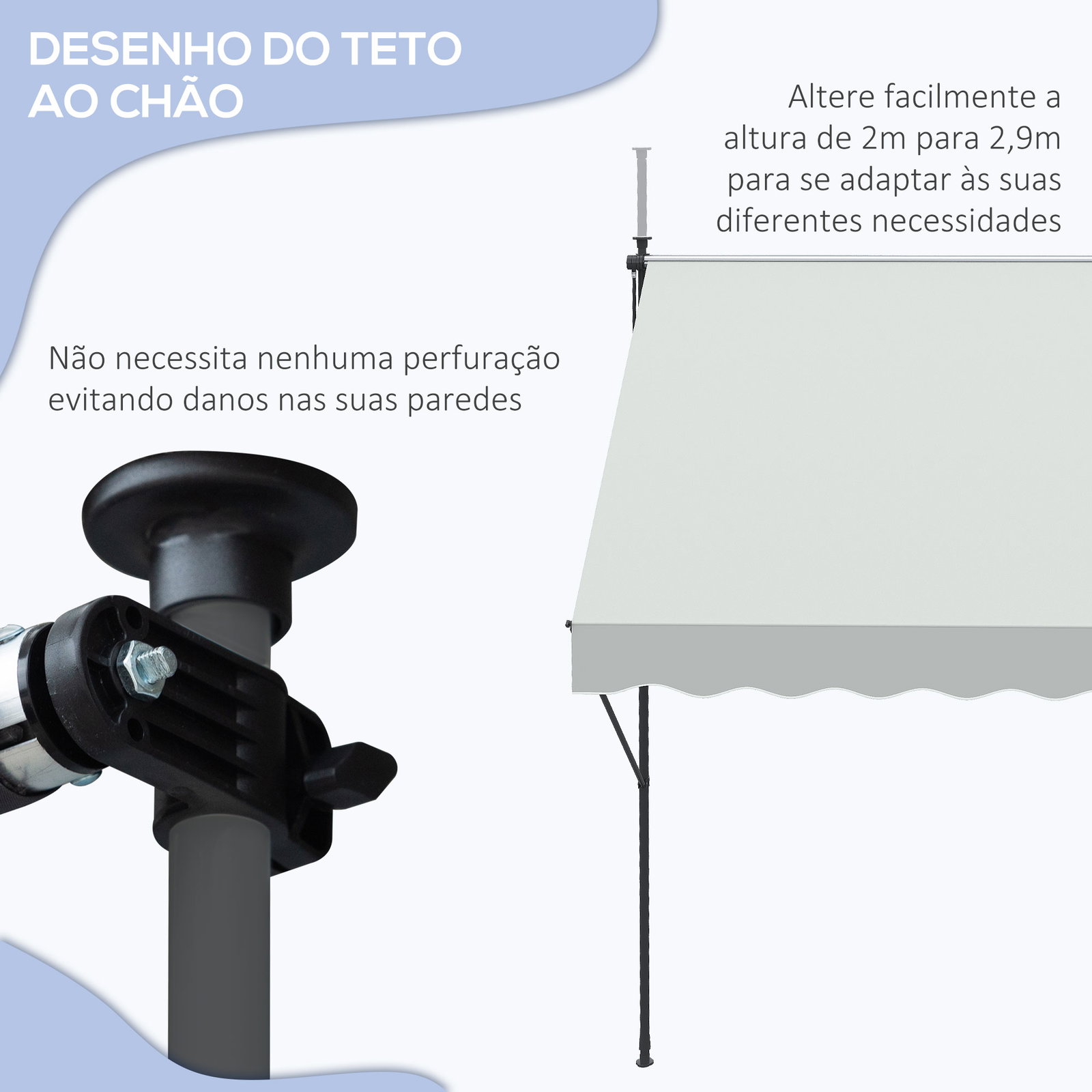 Toldo manual retrátil ajustável 300x170x200-290 cm com manivela proteção solar uv40+ para varanda jardim creme