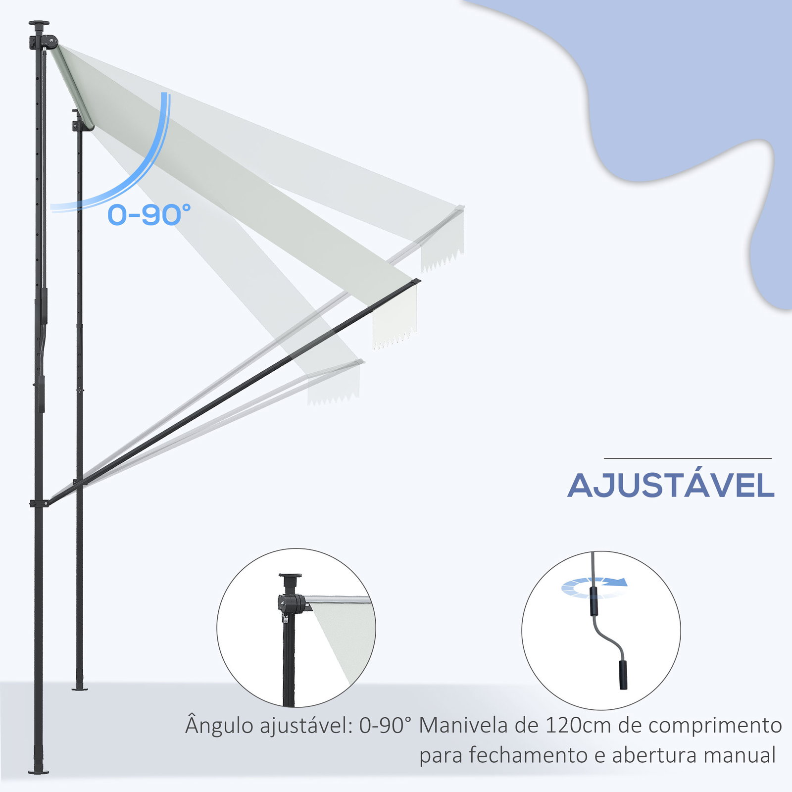 Toldo manual retrátil ajustável 300x170x200-290 cm com manivela proteção solar uv40+ para varanda jardim creme