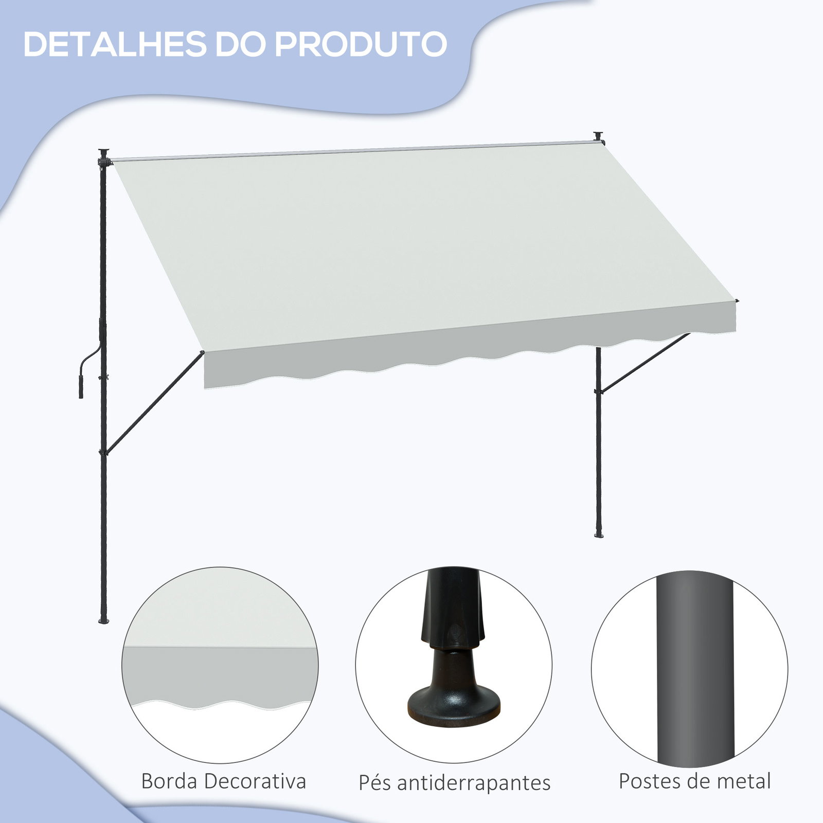 Toldo manual retrátil ajustável 300x170x200-290 cm com manivela proteção solar uv40+ para varanda jardim creme