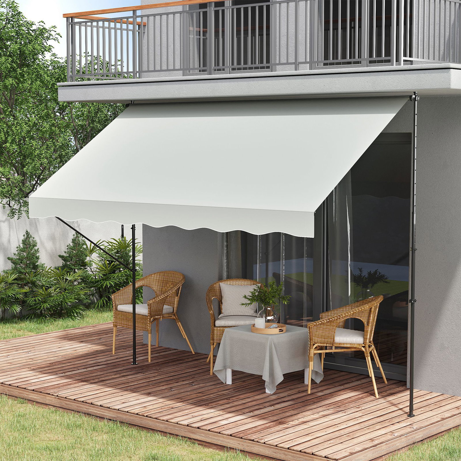 Toldo manual retrátil ajustável 300x170x200-290 cm com manivela proteção solar uv40+ para varanda jardim creme