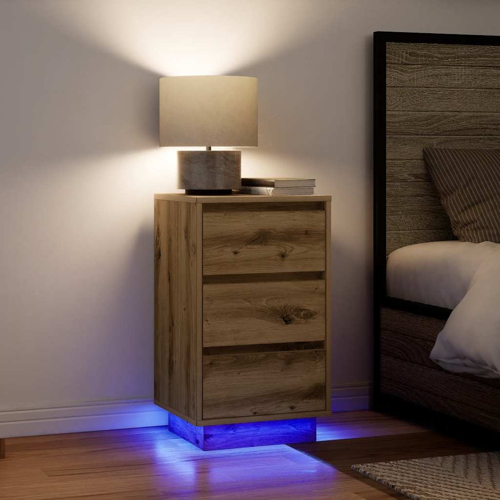 Mesa de cabeceira com luzes LED 38x34x65 cm carvalho artesanal