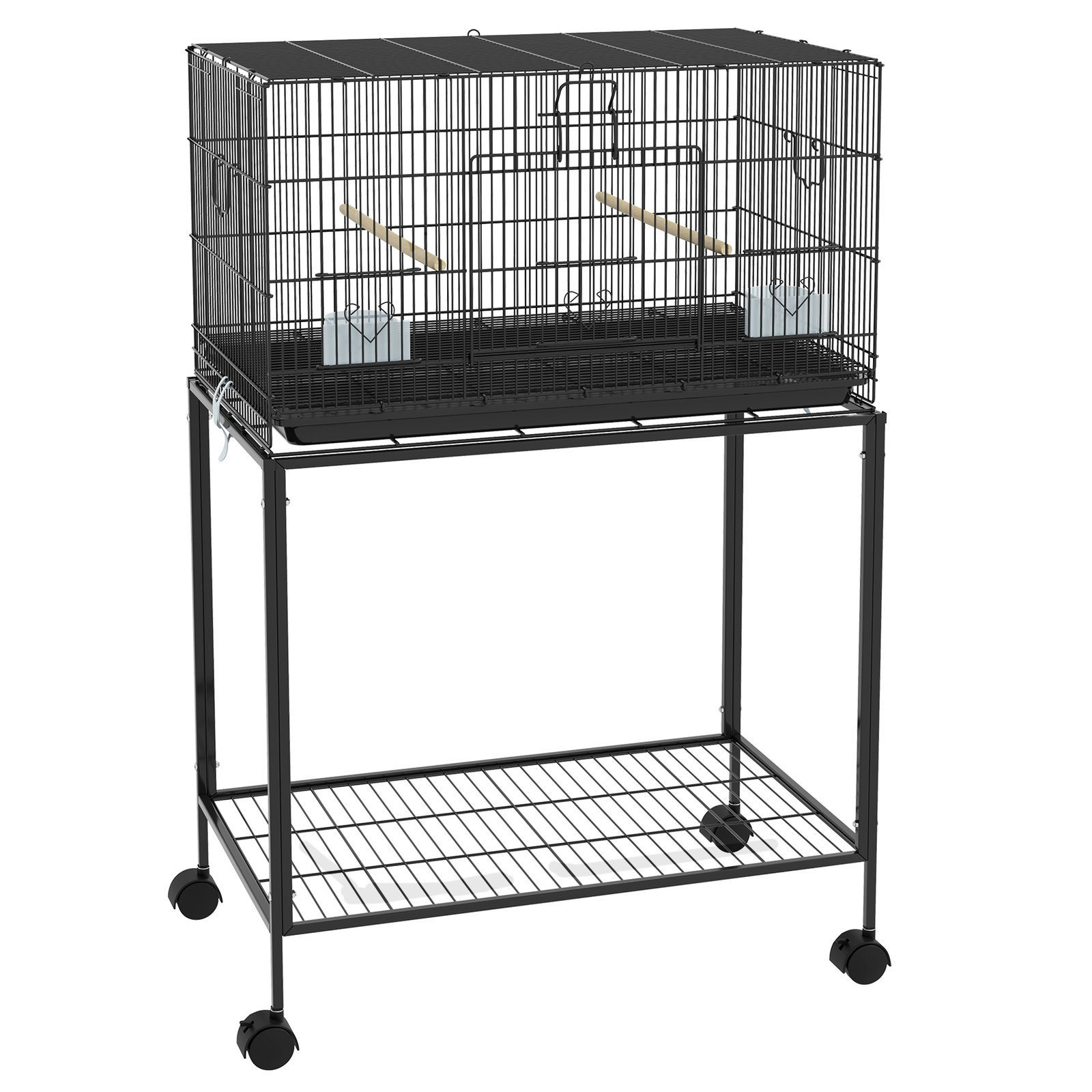 Gaiola para pássaros com rodas 77x46x119 cm bandeja amovível 2 poleiros 2 comedouros e prateleira de armazenamento preto