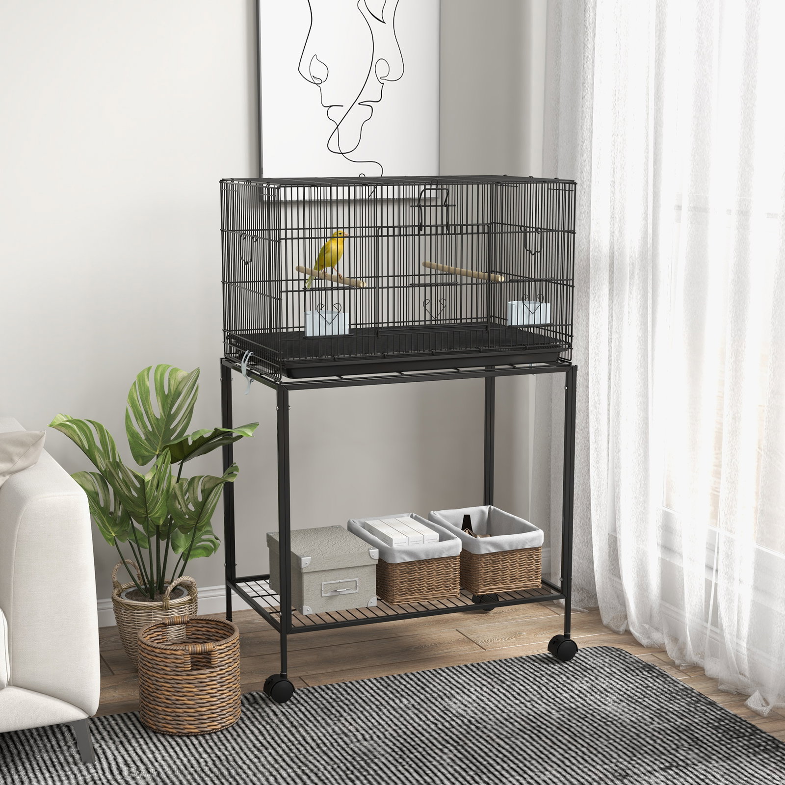 Gaiola para pássaros com rodas 77x46x119 cm bandeja amovível 2 poleiros 2 comedouros e prateleira de armazenamento preto